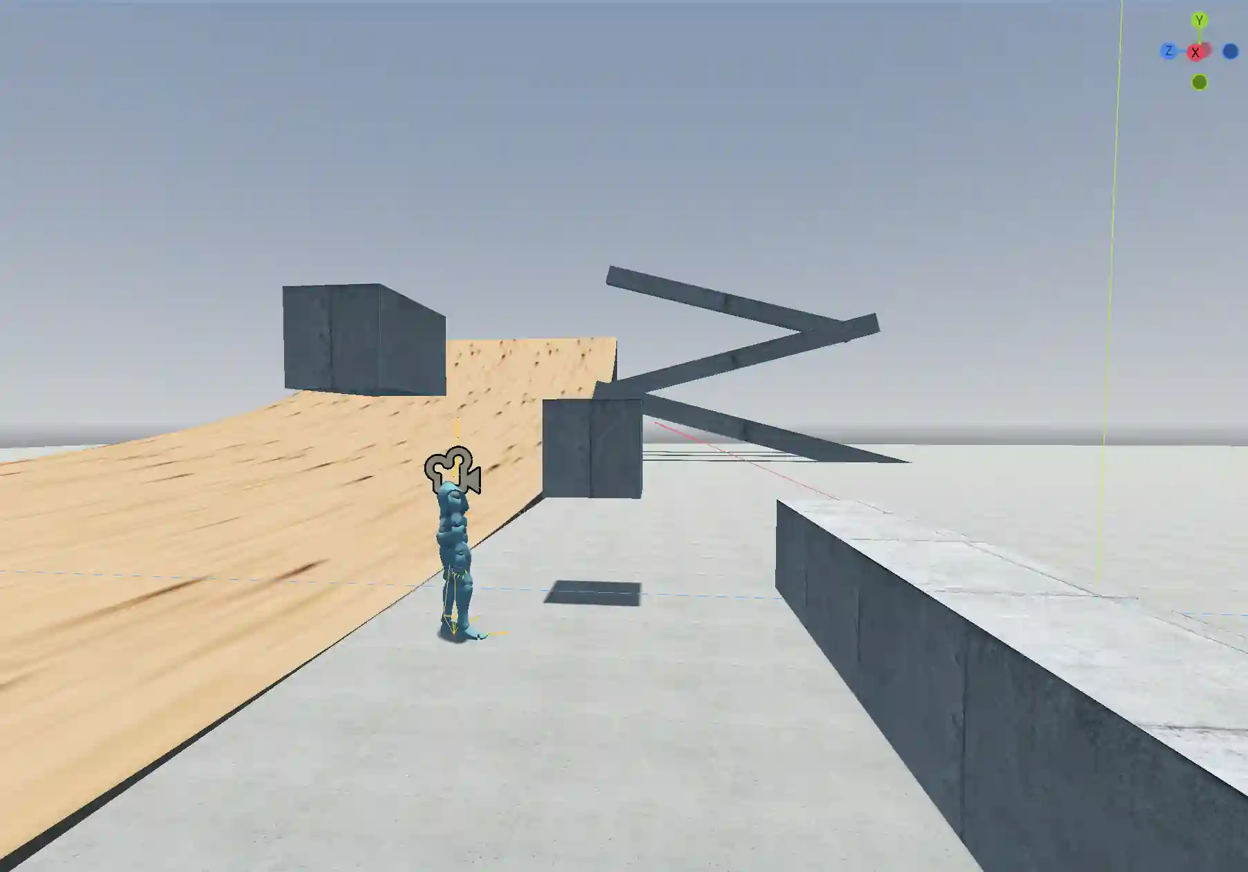 A screenshot of my 3D platformer prototype, shows a character standing on a platform with various climbable shapes around.