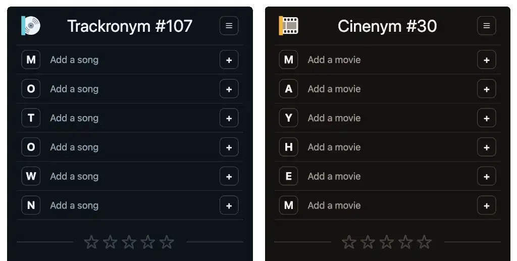Side-by-side screenshots of Trackronym and Cinenym, showing empty boards with the daily word.